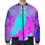 Purple And Teal Buddha Print Zip Sleeve Bomber Jacket