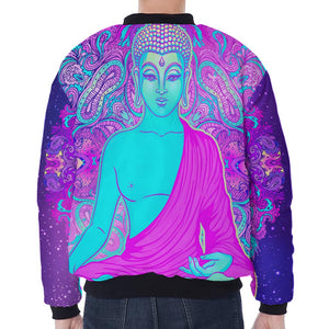 Purple And Teal Buddha Print Zip Sleeve Bomber Jacket