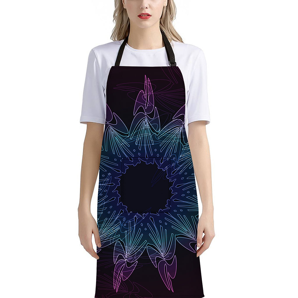 Purple And Teal Dark Mandala Print Bib Apron With Pocket