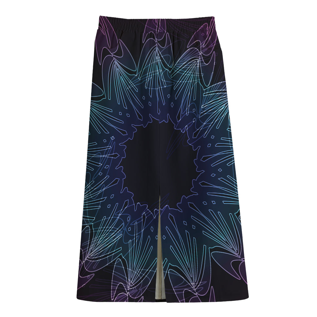 Purple And Teal Dark Mandala Print Cotton Front Slit Maxi Skirt