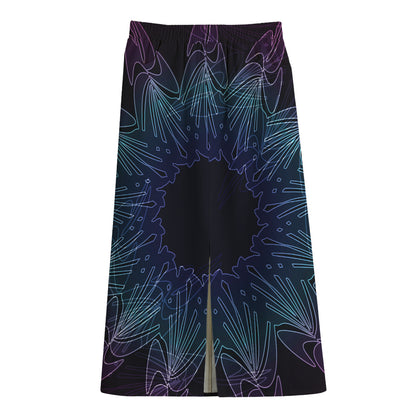 Purple And Teal Dark Mandala Print Cotton Front Slit Maxi Skirt
