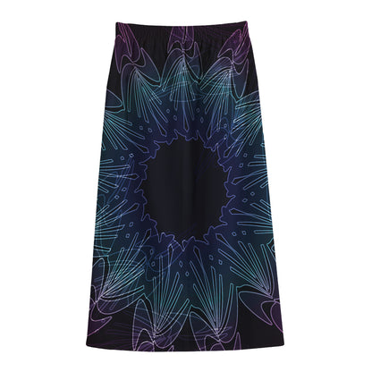 Purple And Teal Dark Mandala Print Cotton Front Slit Maxi Skirt