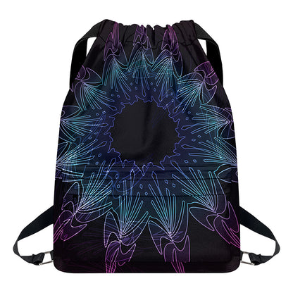 Purple And Teal Dark Mandala Print Drawstring Backpack