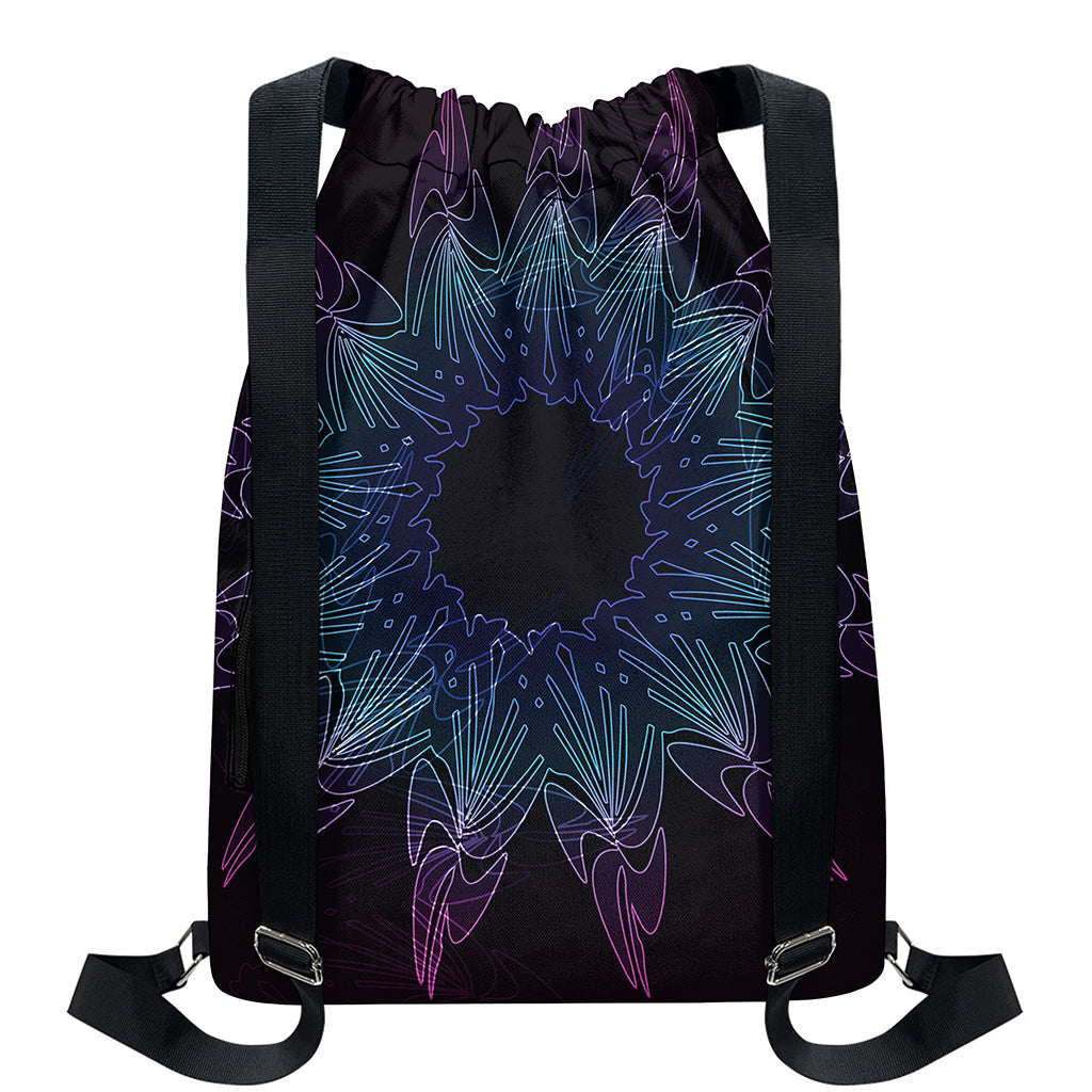Purple And Teal Dark Mandala Print Drawstring Backpack