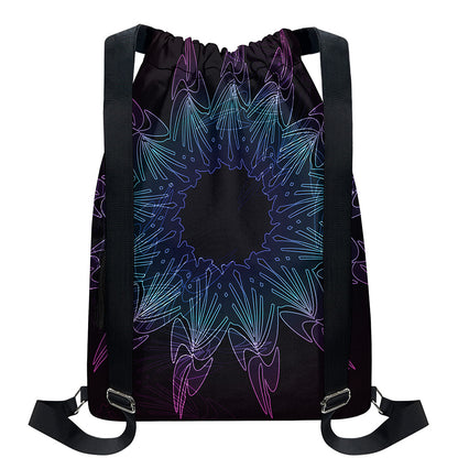 Purple And Teal Dark Mandala Print Drawstring Backpack