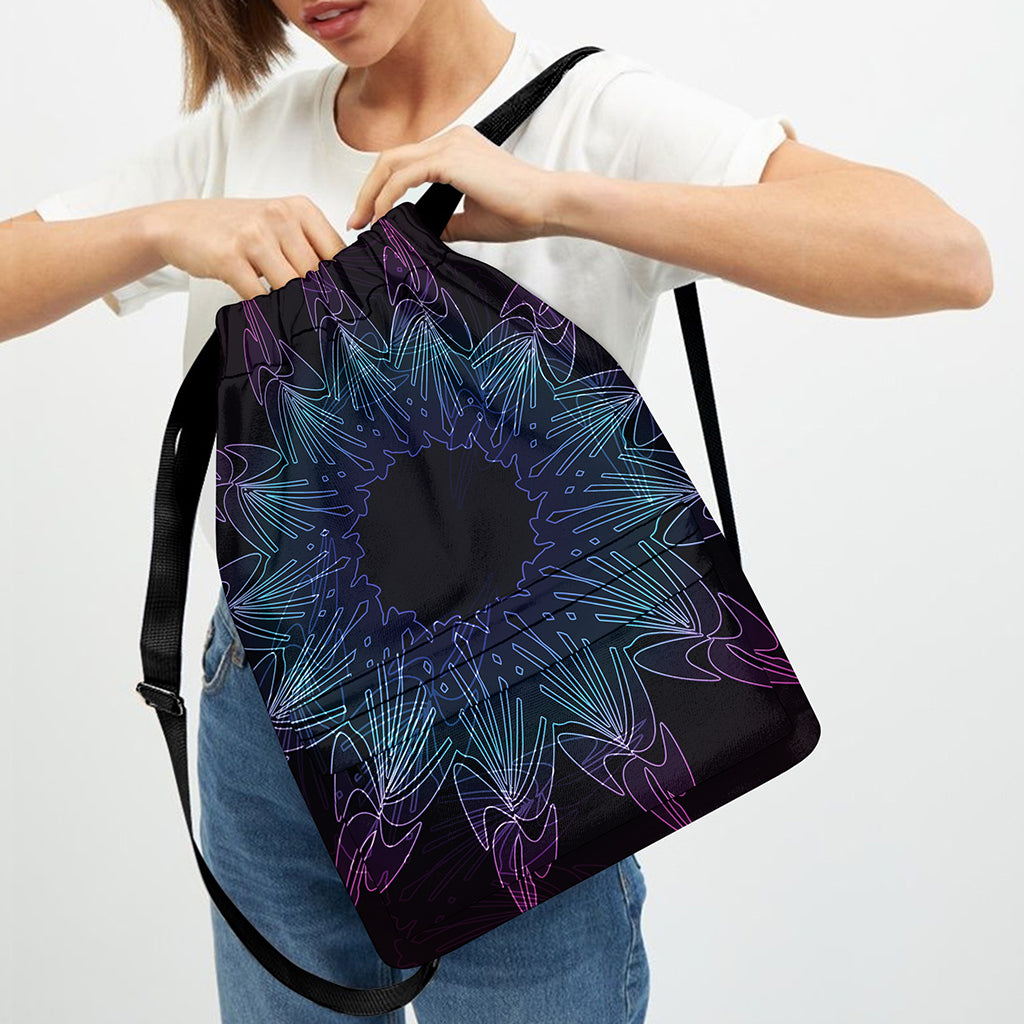 Purple And Teal Dark Mandala Print Drawstring Backpack