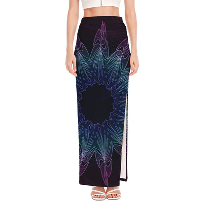 Purple And Teal Dark Mandala Print High Slit Maxi Skirt
