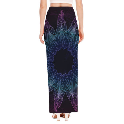 Purple And Teal Dark Mandala Print High Slit Maxi Skirt