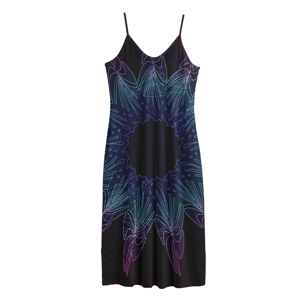 Purple And Teal Dark Mandala Print Jersey Midi Cami Dress