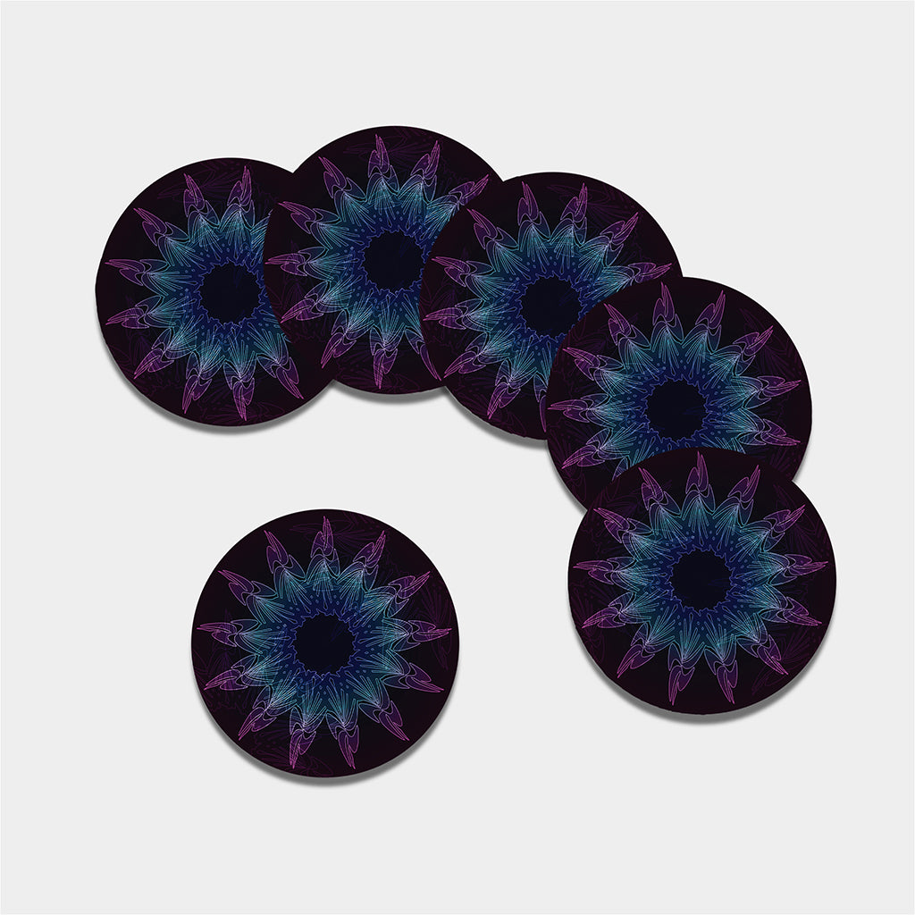 Purple And Teal Dark Mandala Print Leather Coaster Set
