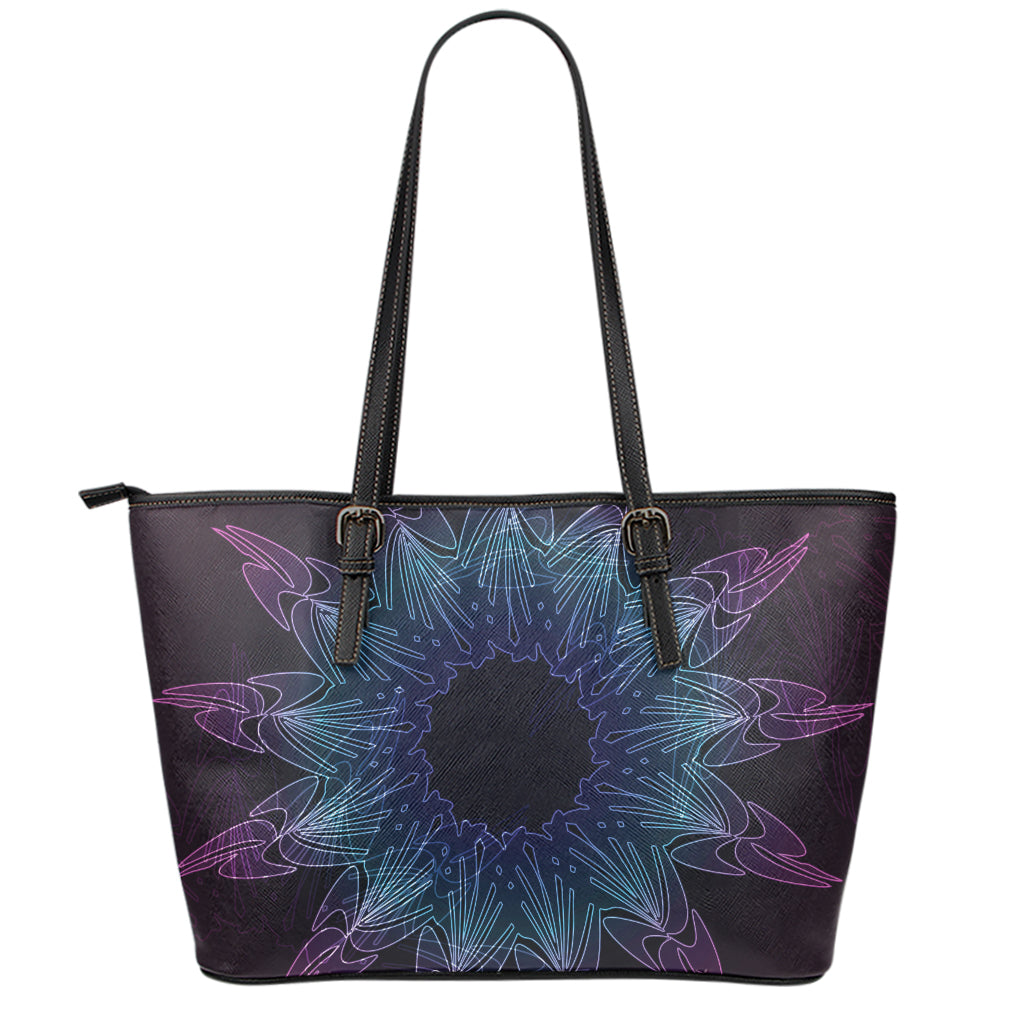 Purple And Teal Dark Mandala Print Leather Tote Bag