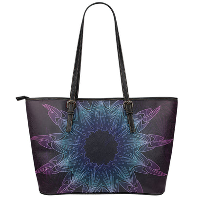 Purple And Teal Dark Mandala Print Leather Tote Bag