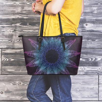 Purple And Teal Dark Mandala Print Leather Tote Bag