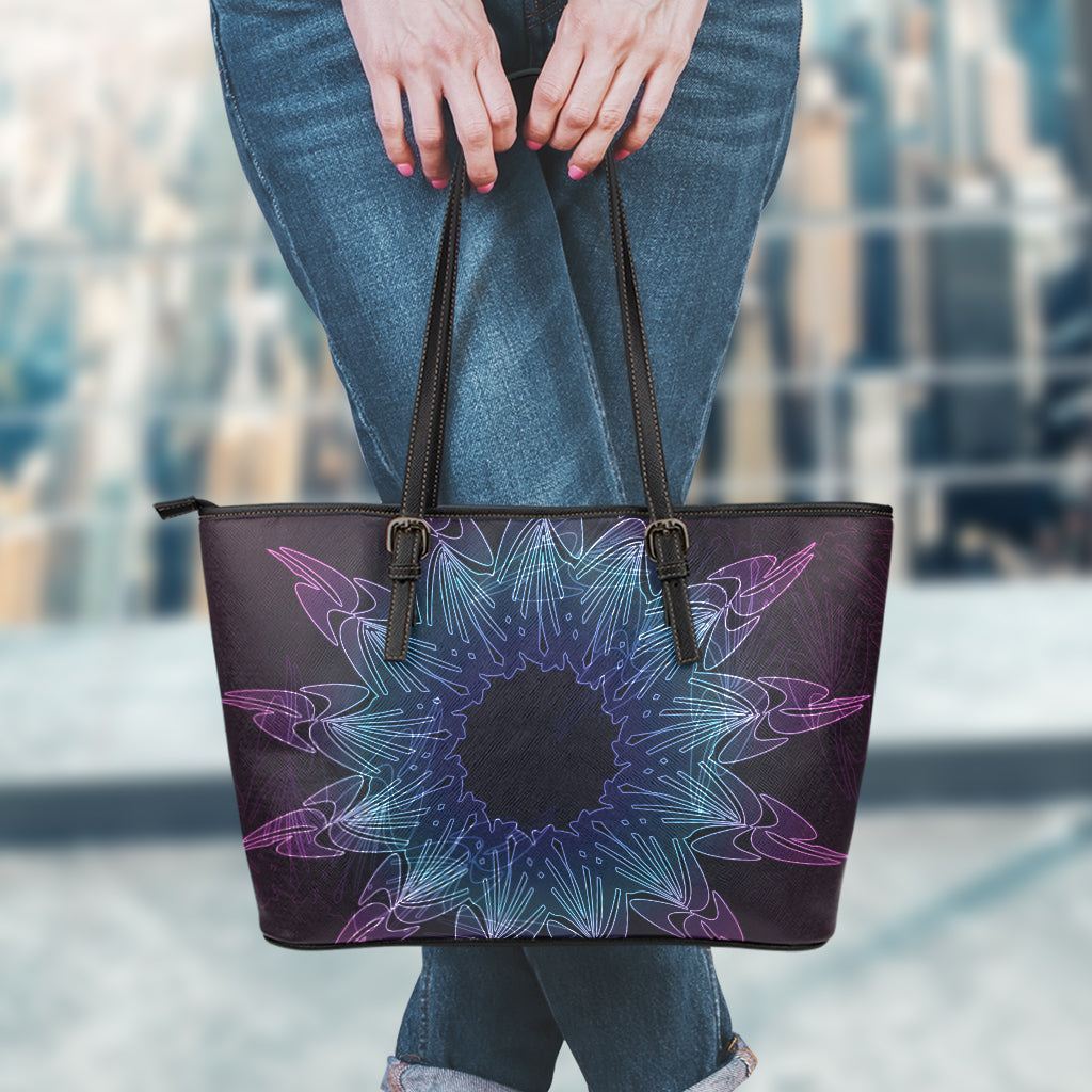 Purple And Teal Dark Mandala Print Leather Tote Bag