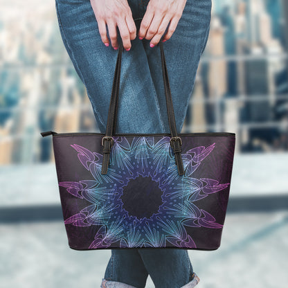 Purple And Teal Dark Mandala Print Leather Tote Bag