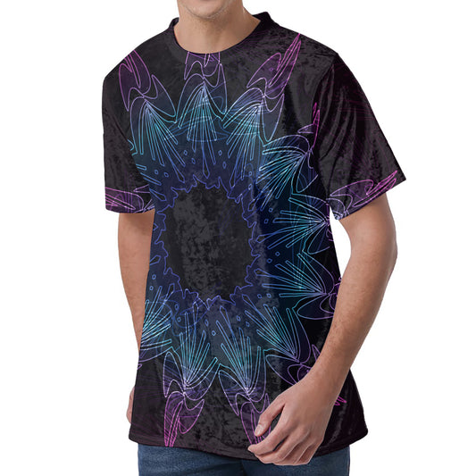 Purple And Teal Dark Mandala Print Men's Velvet T-Shirt