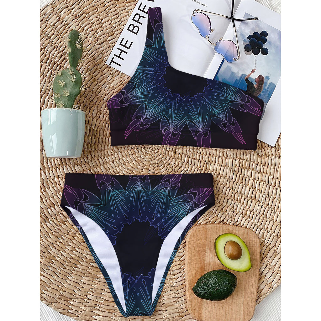Purple And Teal Dark Mandala Print One Shoulder Bikini Top