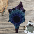 Purple And Teal Dark Mandala Print One Shoulder Bodysuit