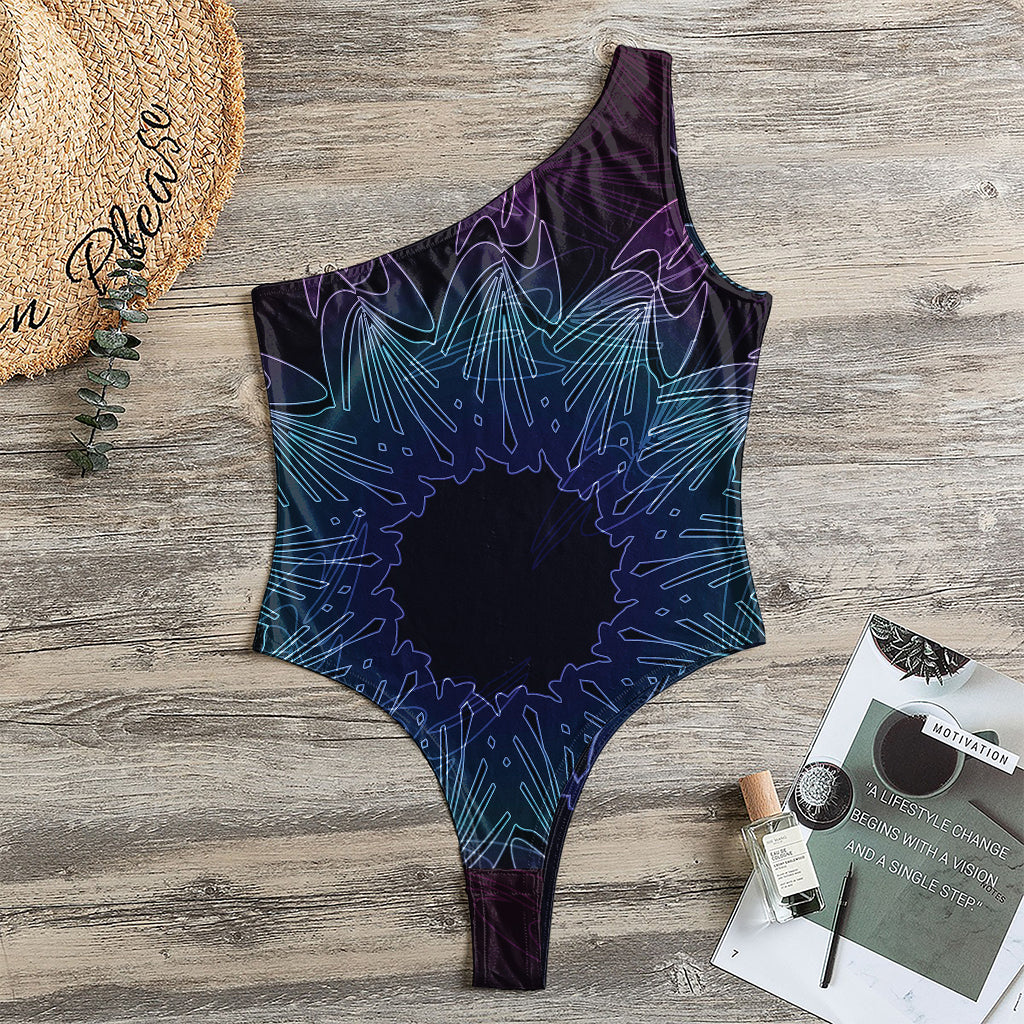 Purple And Teal Dark Mandala Print One Shoulder Bodysuit