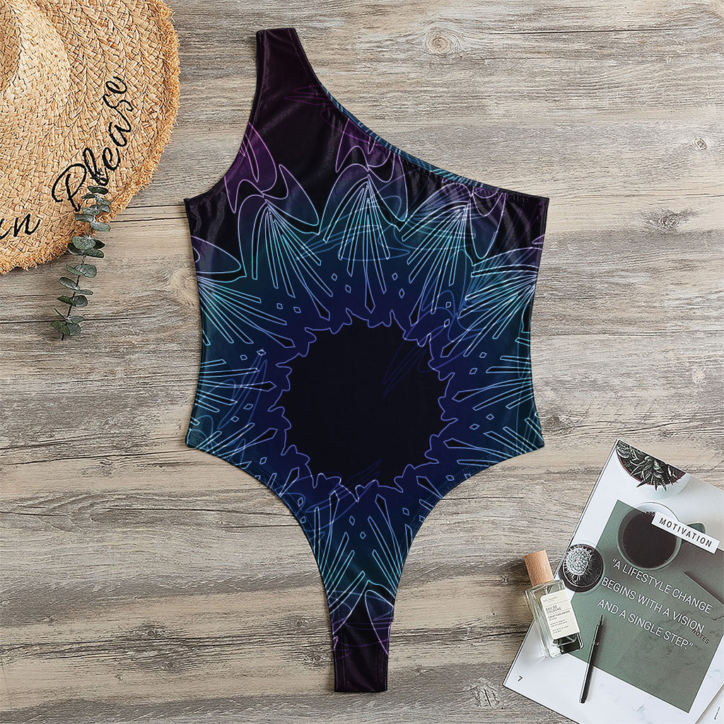 Purple And Teal Dark Mandala Print One Shoulder Bodysuit