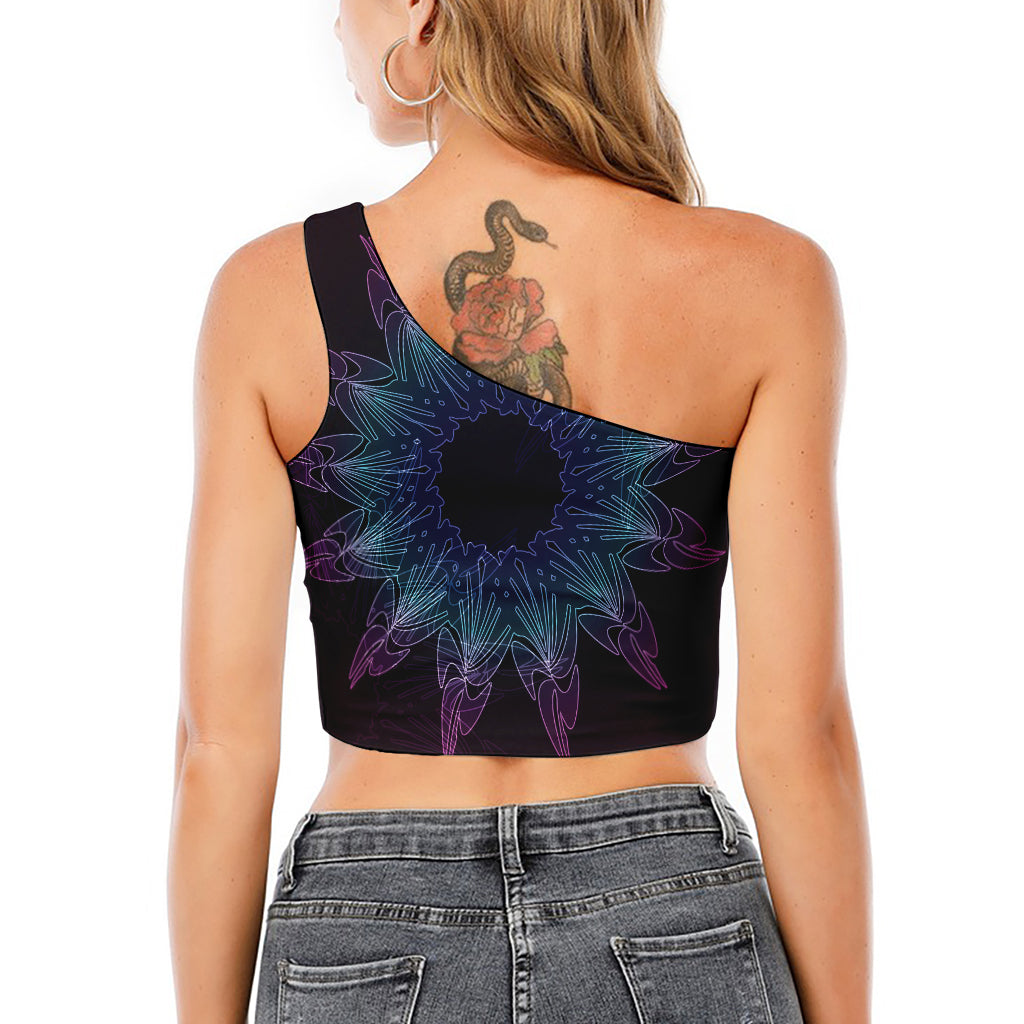 Purple And Teal Dark Mandala Print One Shoulder Crop Top