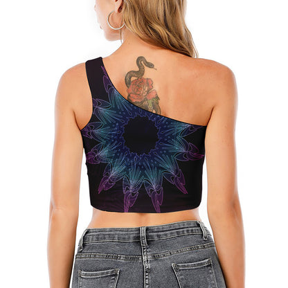 Purple And Teal Dark Mandala Print One Shoulder Crop Top