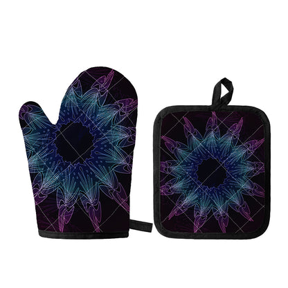 Purple And Teal Dark Mandala Print Oven Mitt And Pot Holder Set