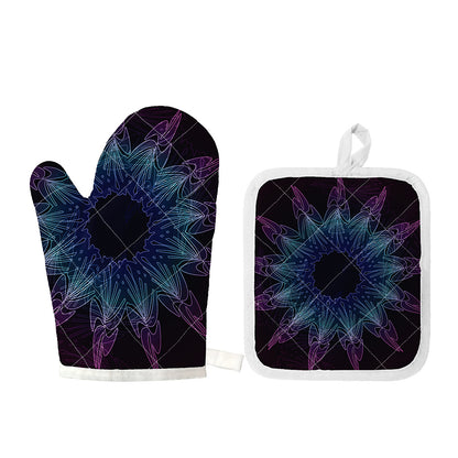 Purple And Teal Dark Mandala Print Oven Mitt And Pot Holder Set