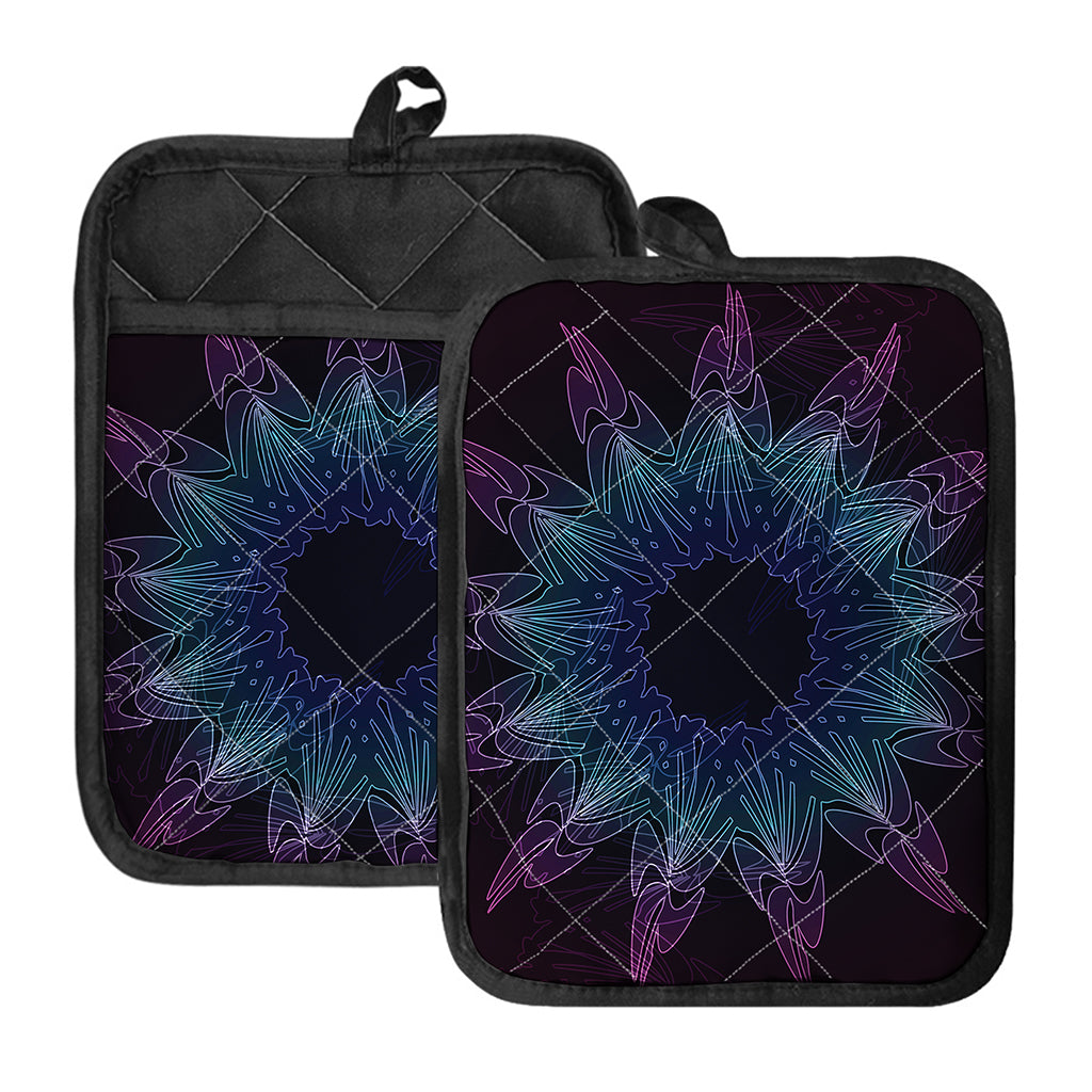 Purple And Teal Dark Mandala Print Pot Holders With Pocket