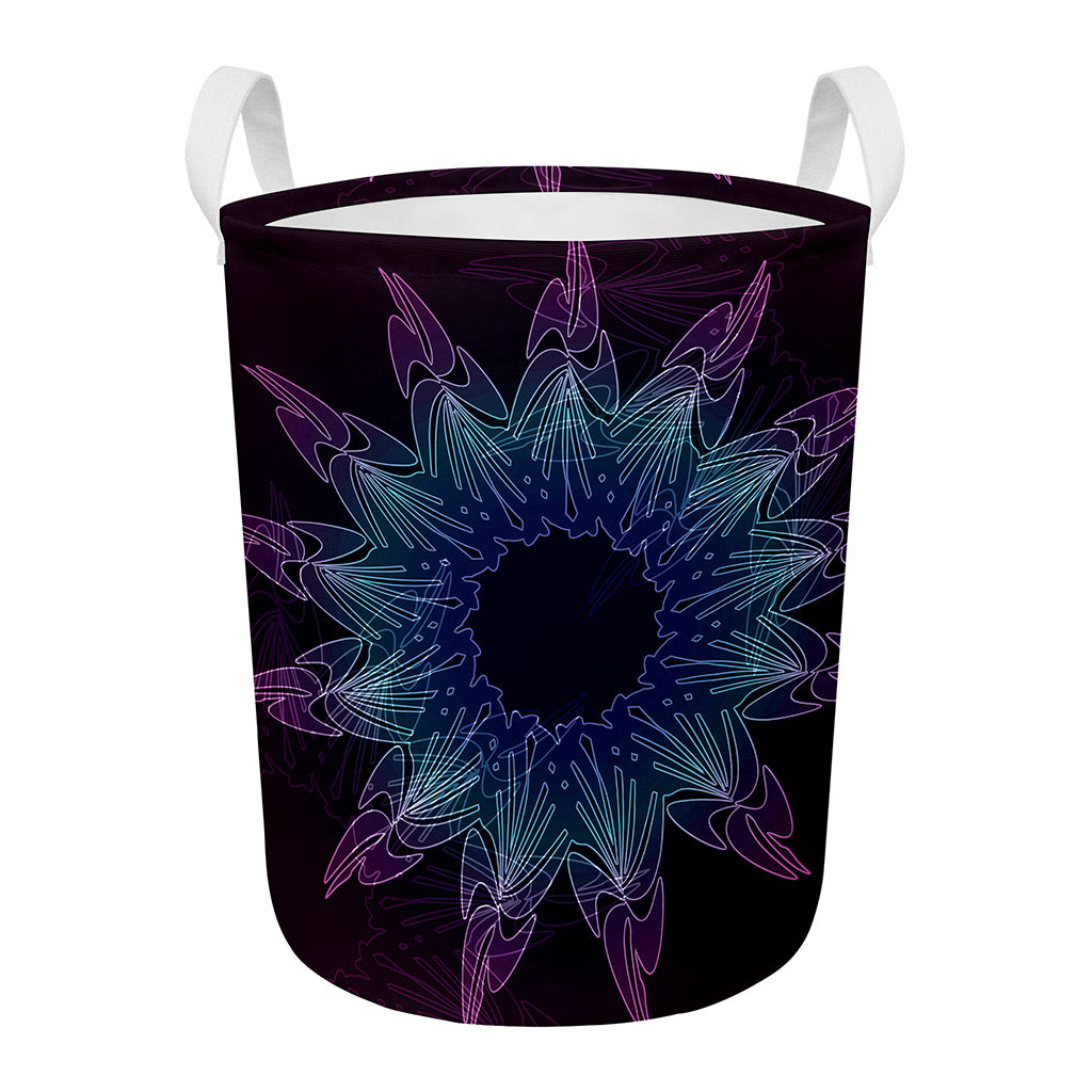 Purple And Teal Dark Mandala Print Round Laundry Basket
