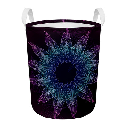 Purple And Teal Dark Mandala Print Round Laundry Basket