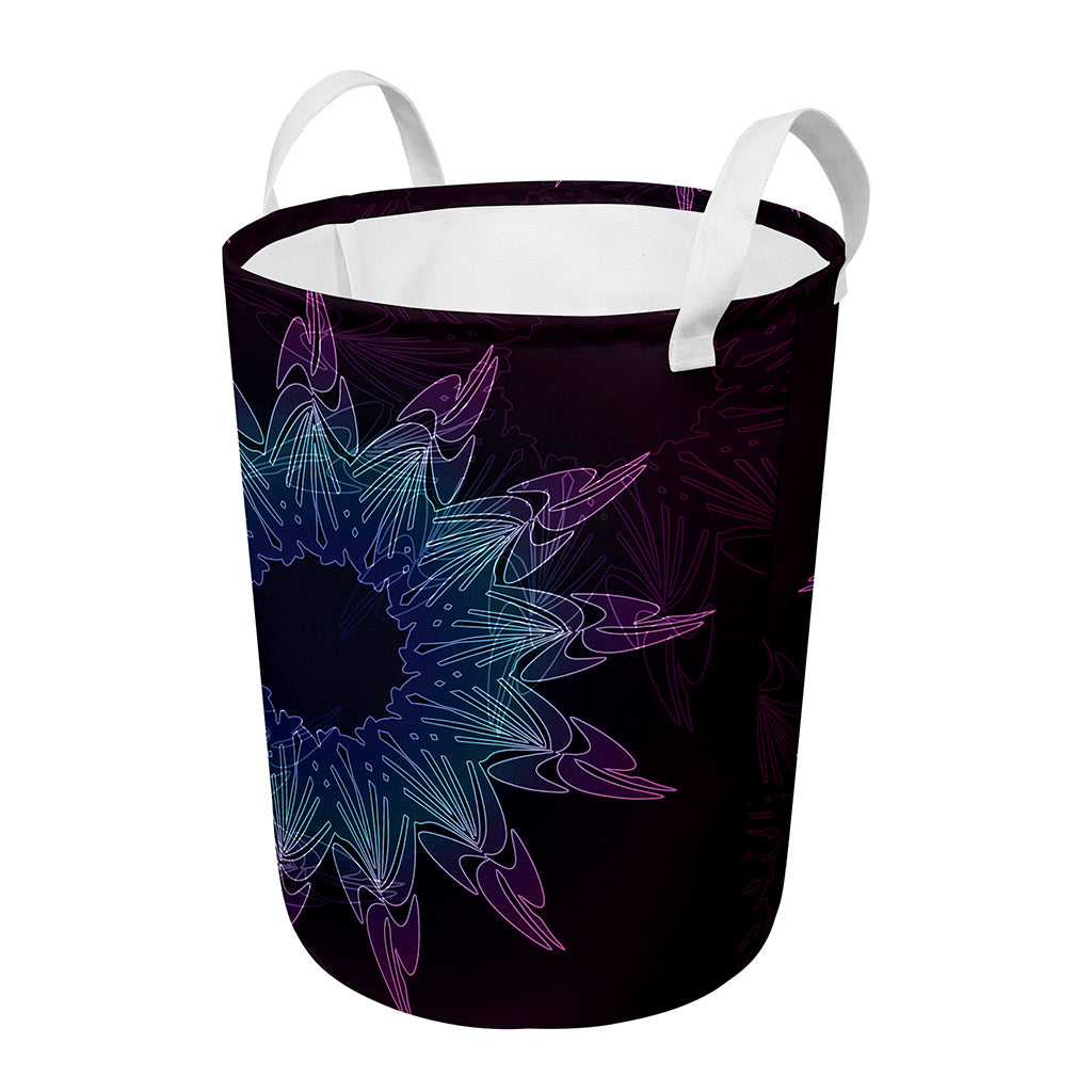 Purple And Teal Dark Mandala Print Round Laundry Basket
