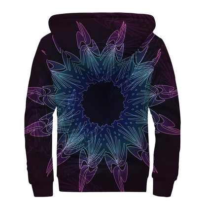 Purple And Teal Dark Mandala Print Sherpa Lined Zip Up Hoodie