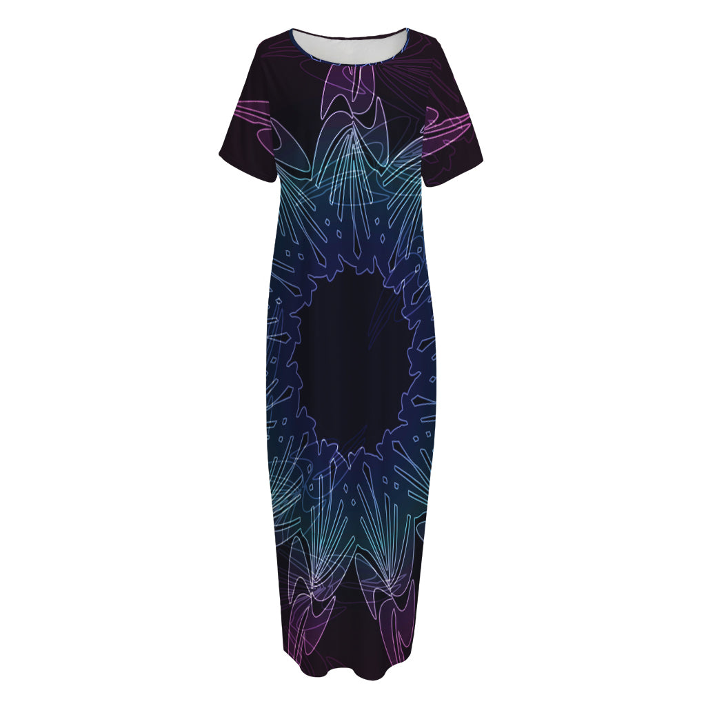 Purple And Teal Dark Mandala Print Short Sleeve Long Nightdress