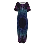 Purple And Teal Dark Mandala Print Short Sleeve Long Nightdress
