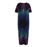 Purple And Teal Dark Mandala Print Short Sleeve Long Nightdress