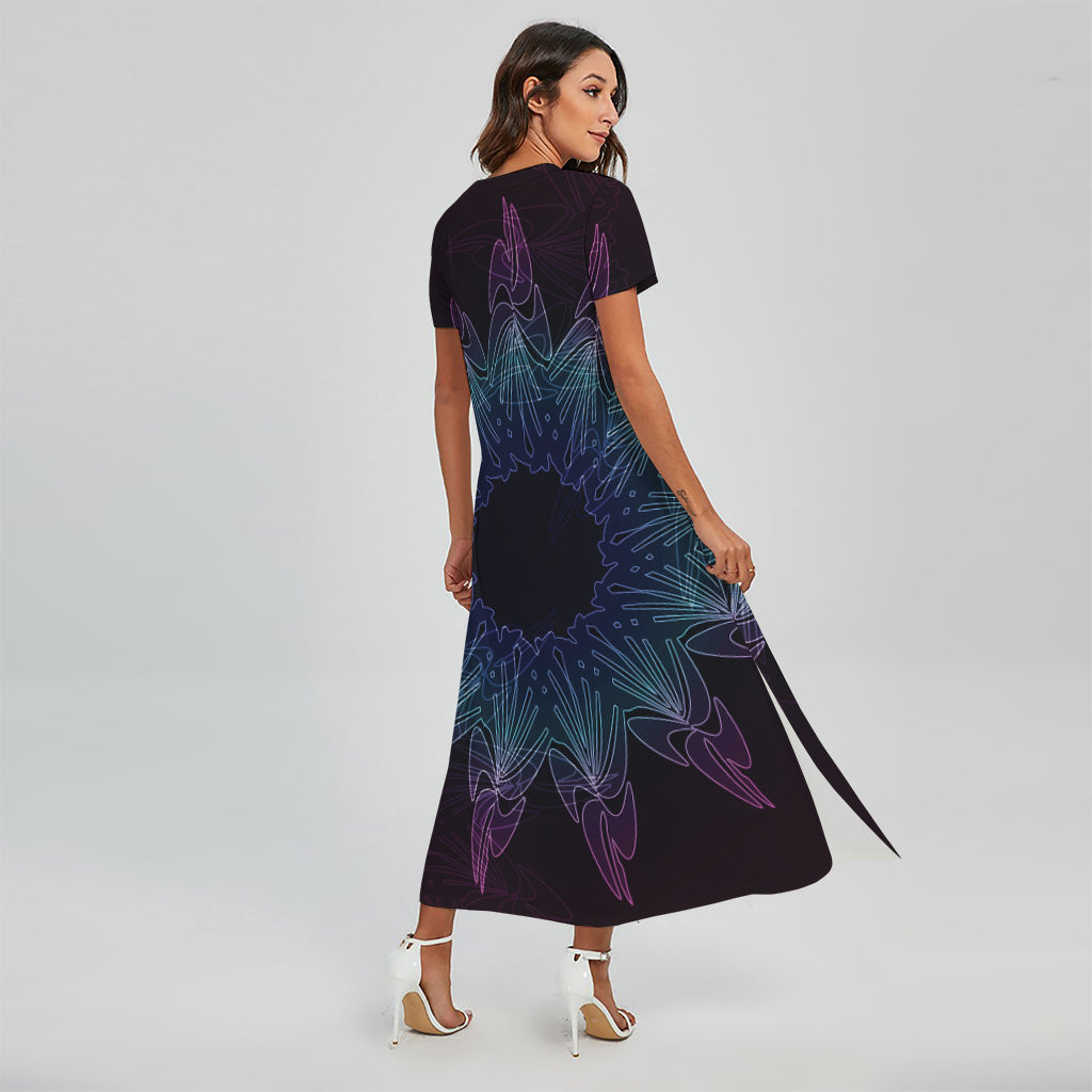 Purple And Teal Dark Mandala Print Short Sleeve Maxi Dress