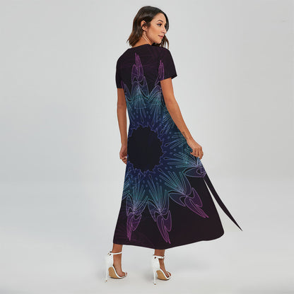 Purple And Teal Dark Mandala Print Short Sleeve Maxi Dress