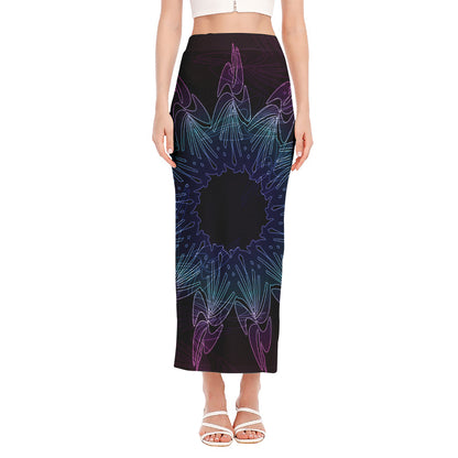 Purple And Teal Dark Mandala Print Side Slit Maxi Skirt
