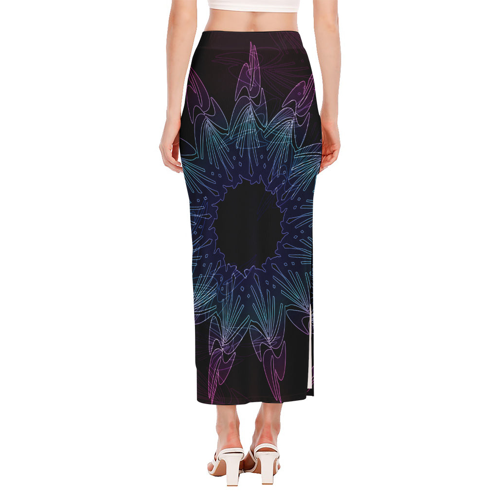 Purple And Teal Dark Mandala Print Side Slit Maxi Skirt
