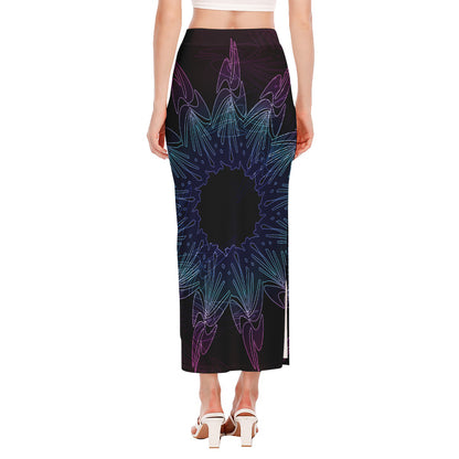 Purple And Teal Dark Mandala Print Side Slit Maxi Skirt