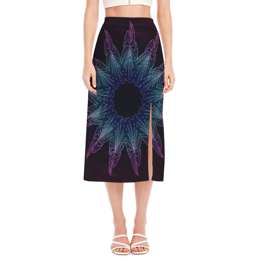 Purple And Teal Dark Mandala Print Side Slit Midi Skirt