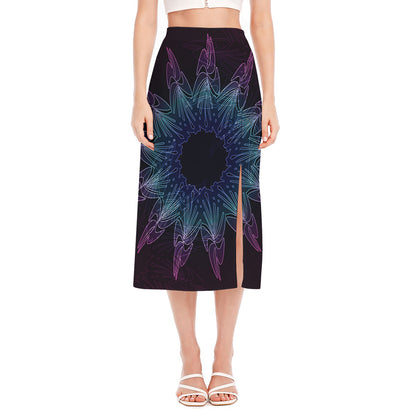 Purple And Teal Dark Mandala Print Side Slit Midi Skirt