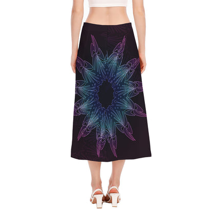 Purple And Teal Dark Mandala Print Side Slit Midi Skirt