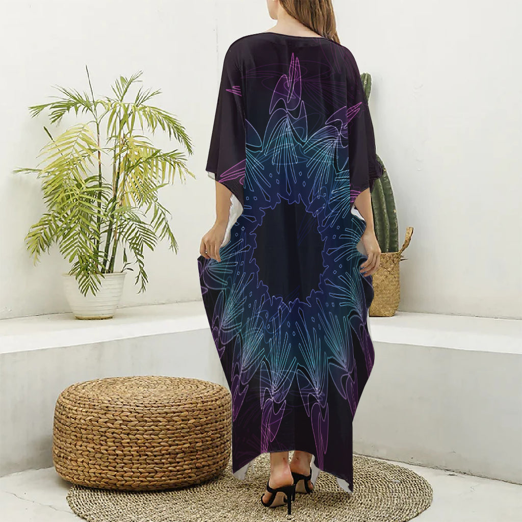Purple And Teal Dark Mandala Print Silk V-Neck Kaftan Dress