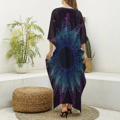 Purple And Teal Dark Mandala Print Silk V-Neck Kaftan Dress