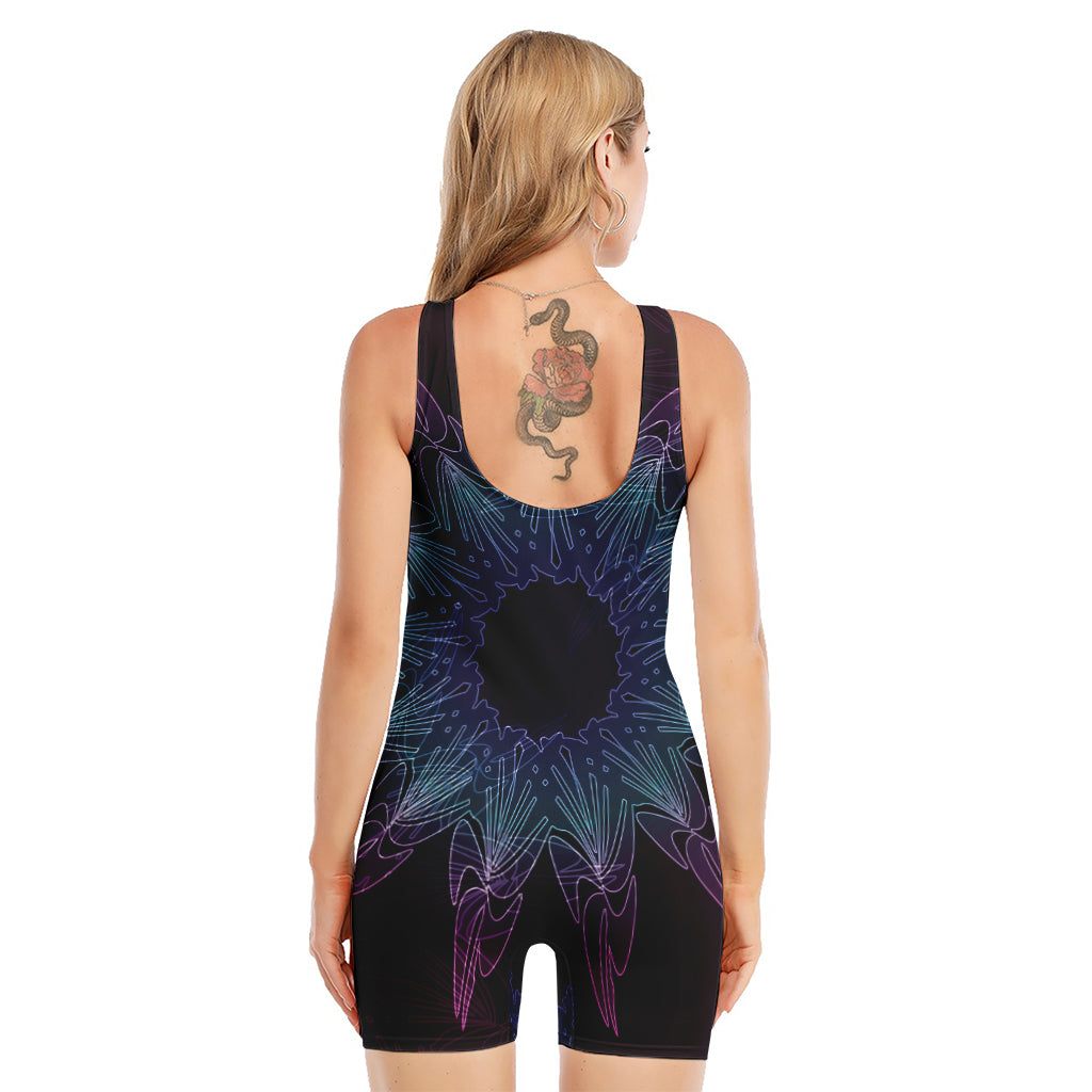 Purple And Teal Dark Mandala Print Sleeveless One Piece Swimsuit