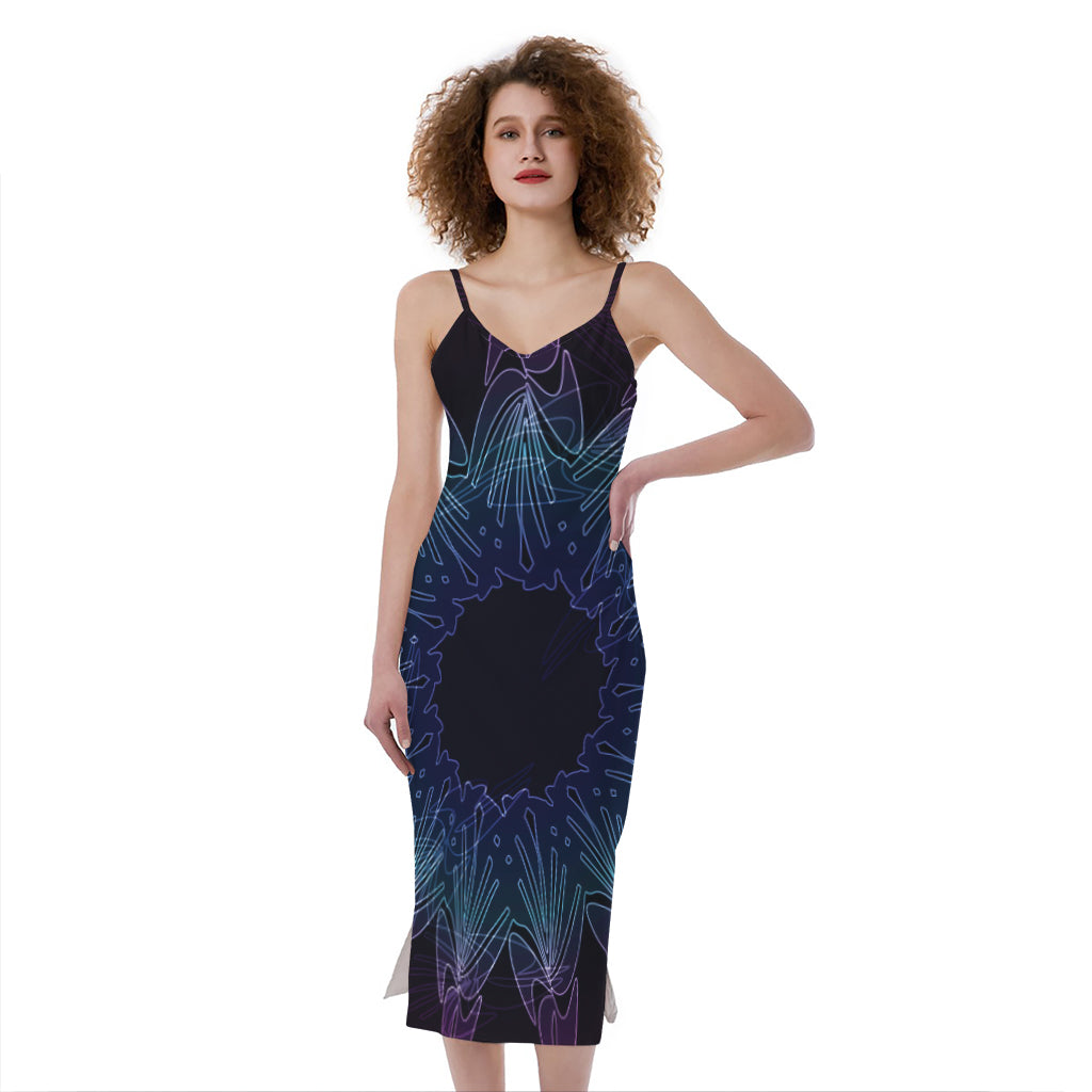Purple And Teal Dark Mandala Print Slim Fit Midi Cami Dress