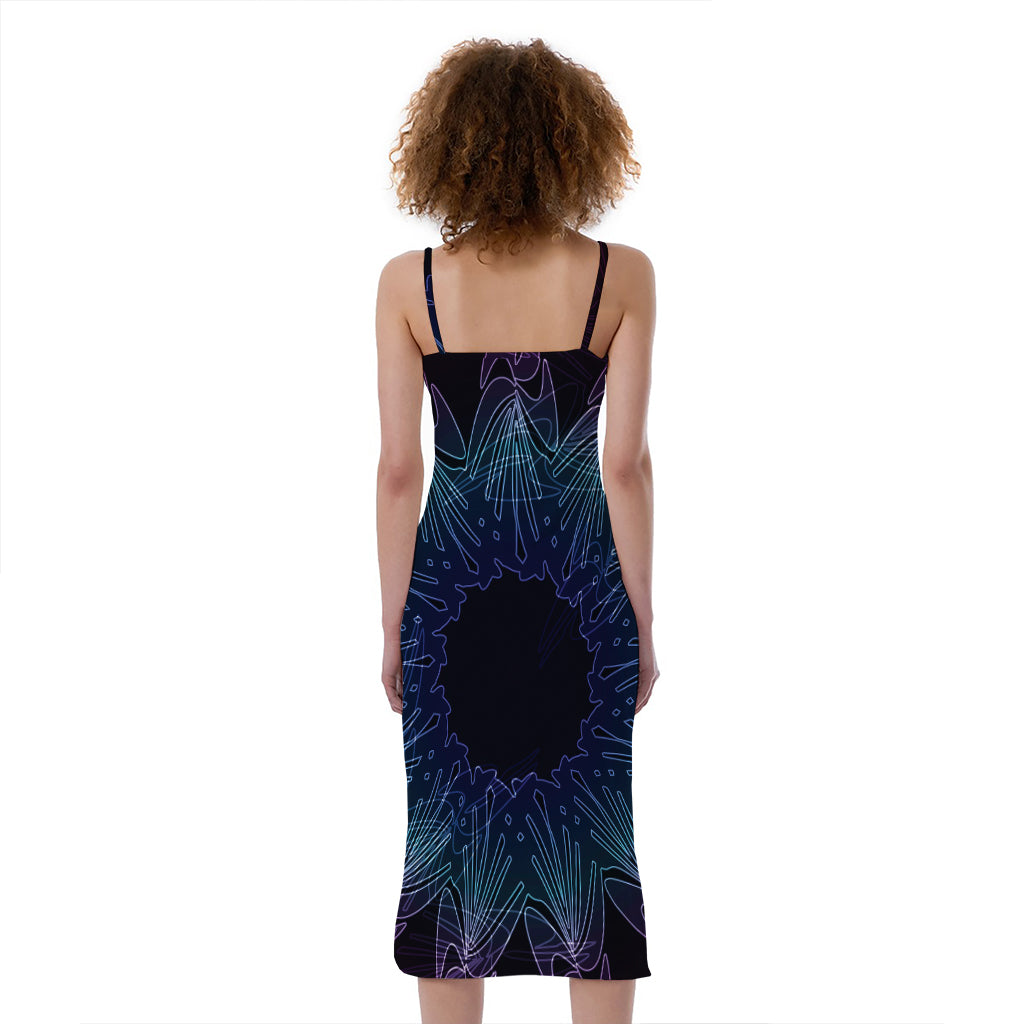 Purple And Teal Dark Mandala Print Slim Fit Midi Cami Dress