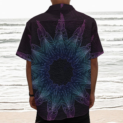 Purple And Teal Dark Mandala Print Textured Short Sleeve Shirt
